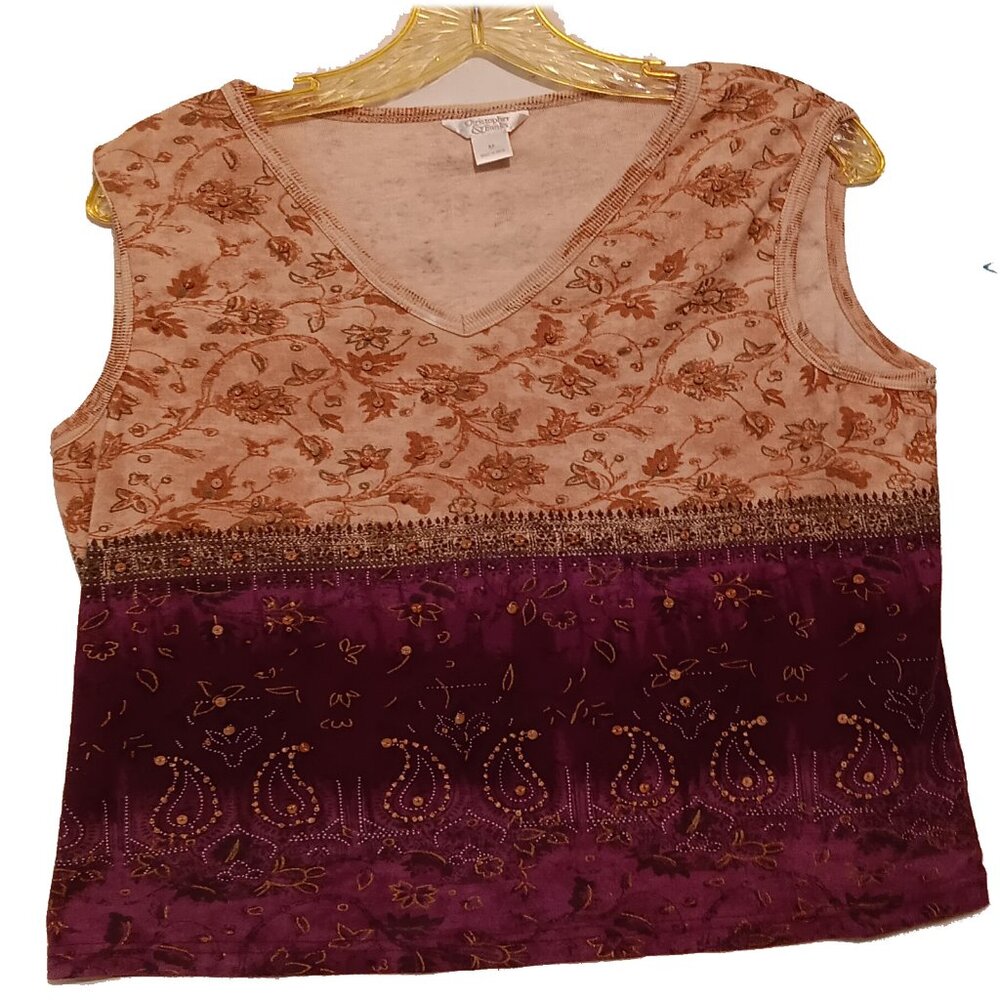 Christopher & Banks Sleeveless Tan with Purple Crop Blouse Size Medium